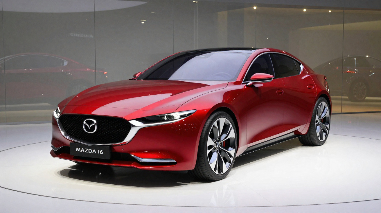 Roter Mazda 16 Sportwagen auf weißer Ausstellungsfläche vor glasener Wand mit Spiegelung.