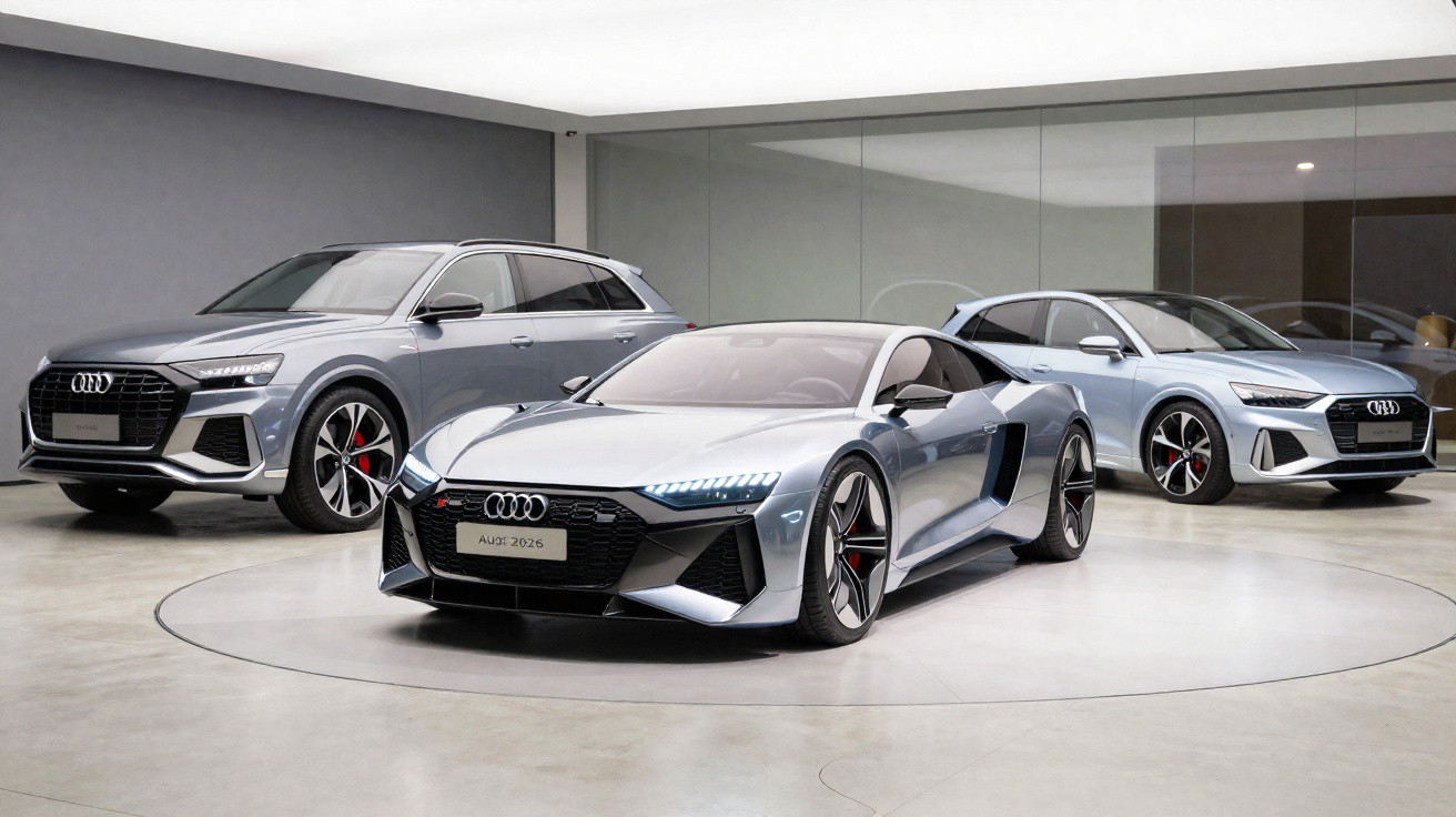 Drei silberne Audi-Modelle in einem modernen Ausstellungsraum auf grauem Boden.