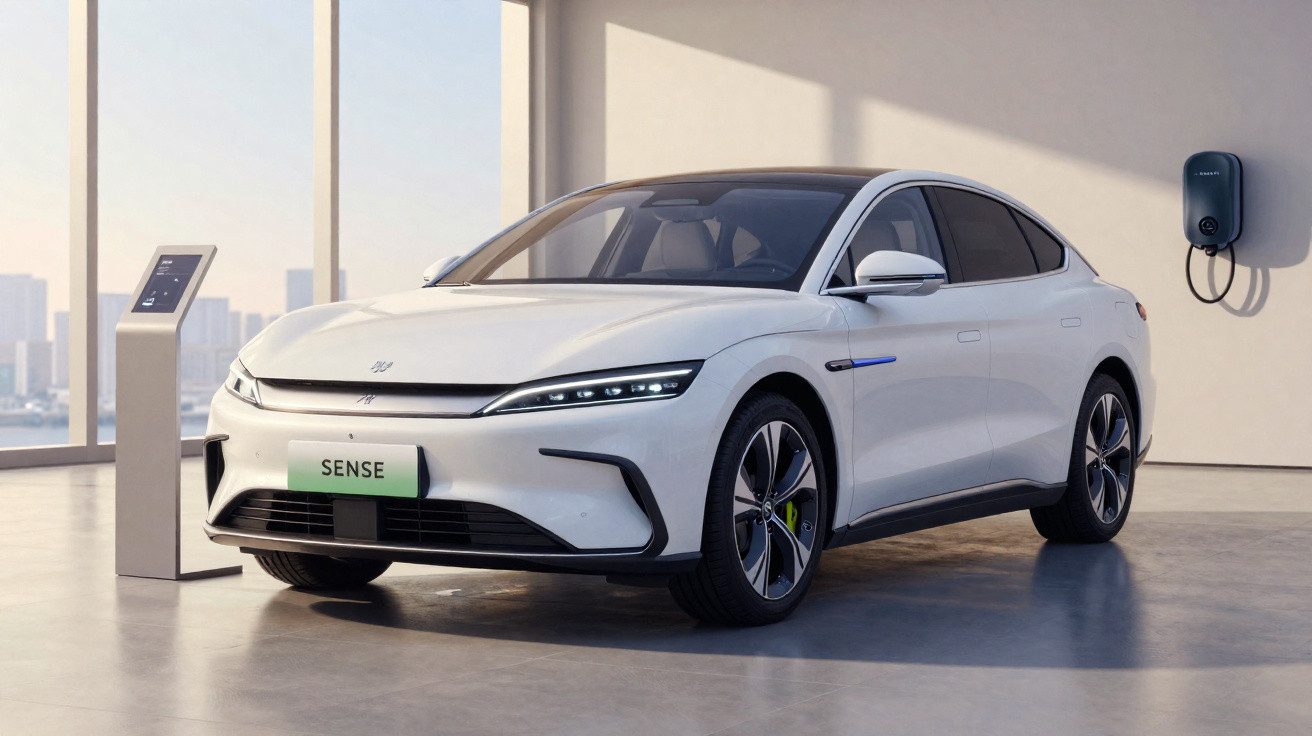 Weißes Elektroauto mit moderner Ladestation in hellem Raum vor Fensterfront und Stadtblick