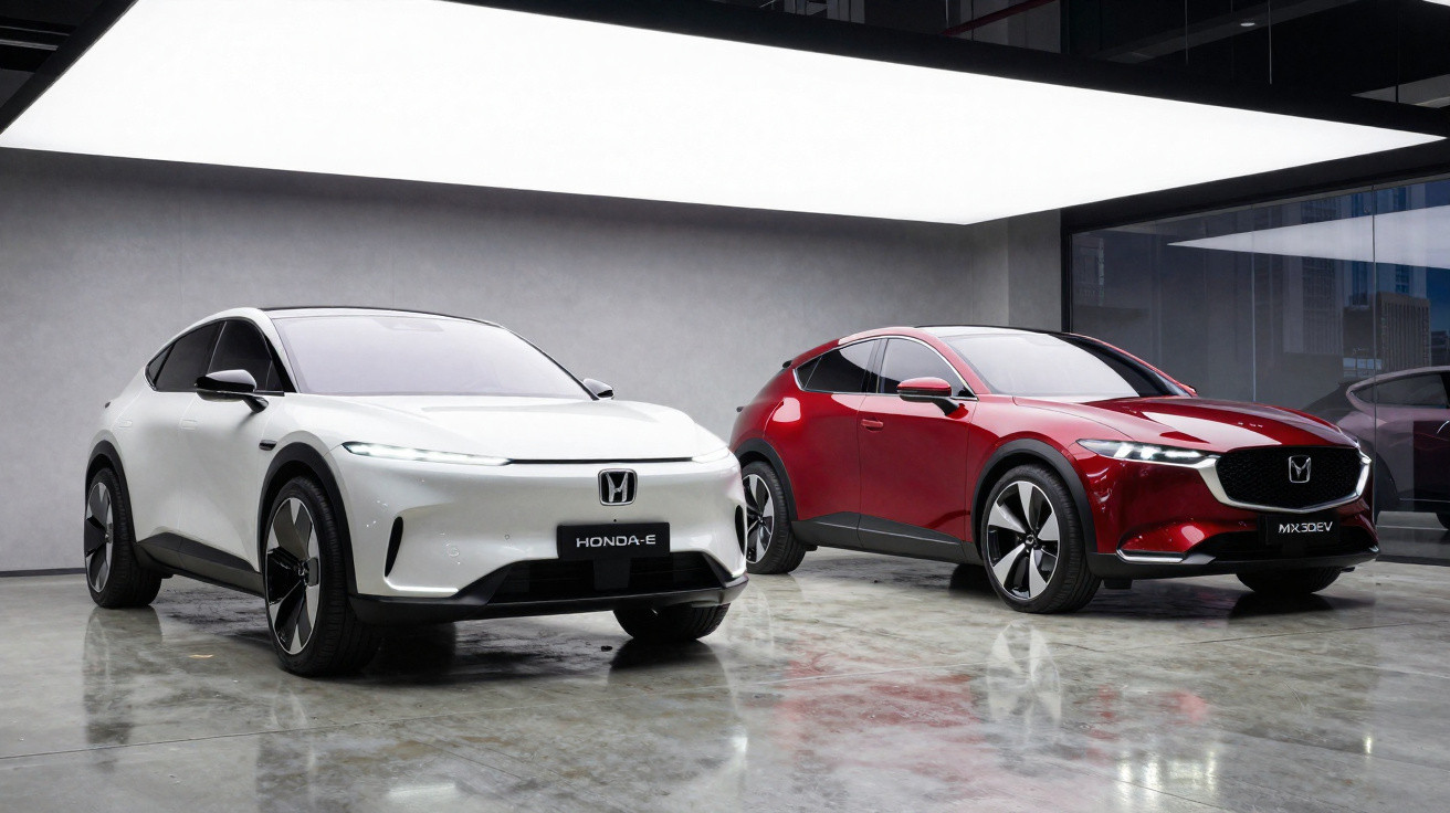 Zwei moderne Elektroautos, ein weißer Honda e und ein roter Mazda MX-30 EV, in einem Showroom.