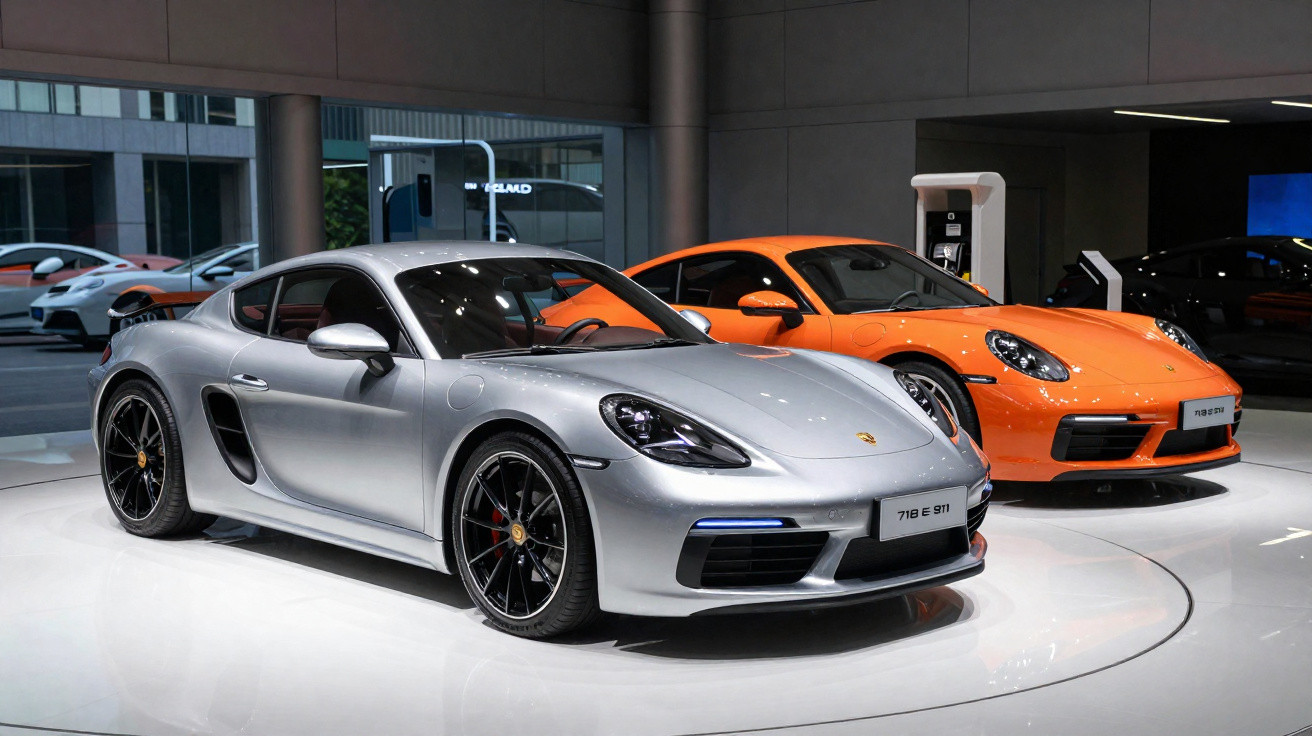 Zwei Porsche-Sportwagen, vorne silberner 718 E 911, hinten oranger 911 Carrera im Ausstellungsraum.