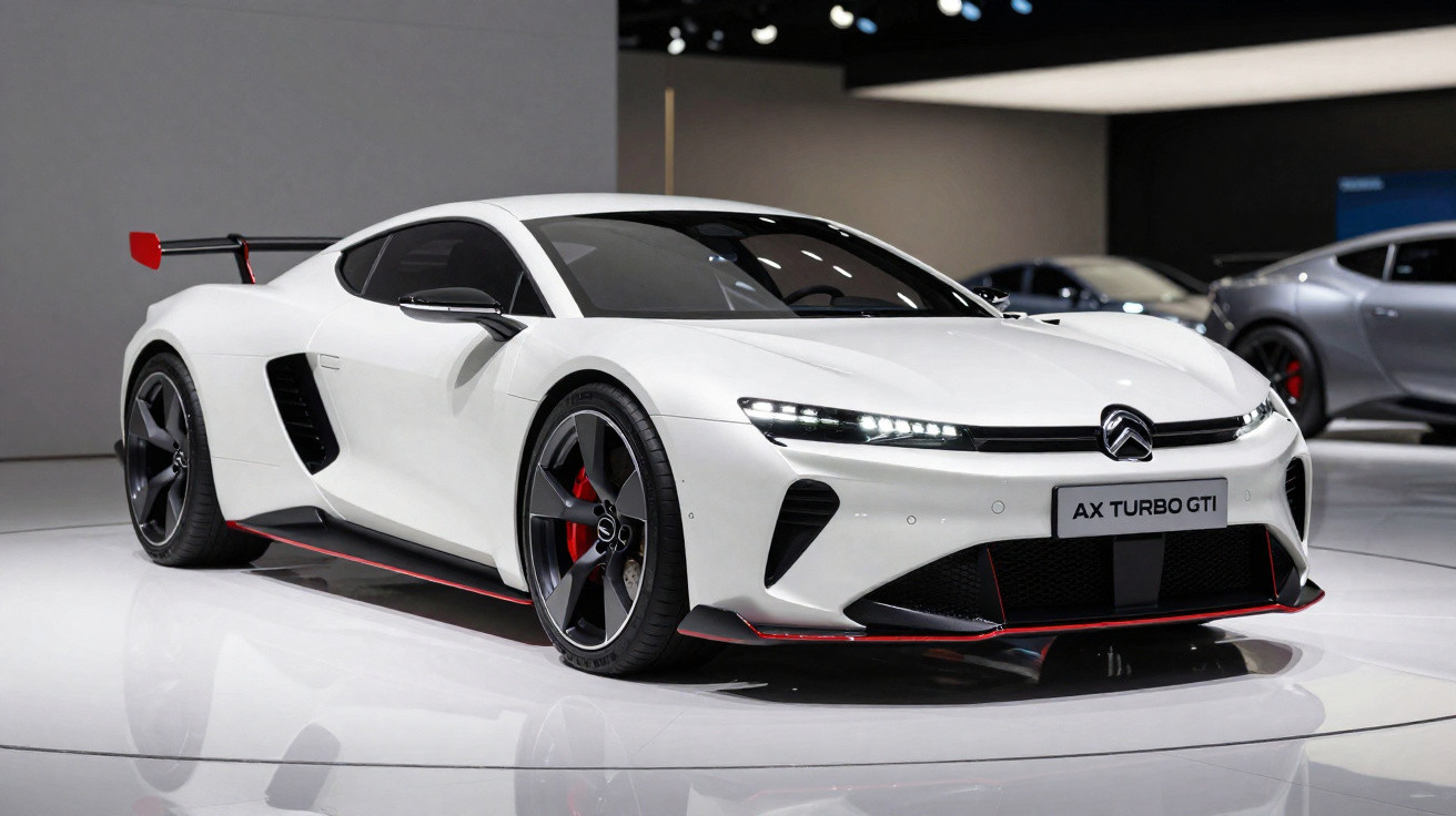 Weißer Citroën AX Turbo GTI Sportwagen mit rotem Designakzent auf Autosalon präsentiert.