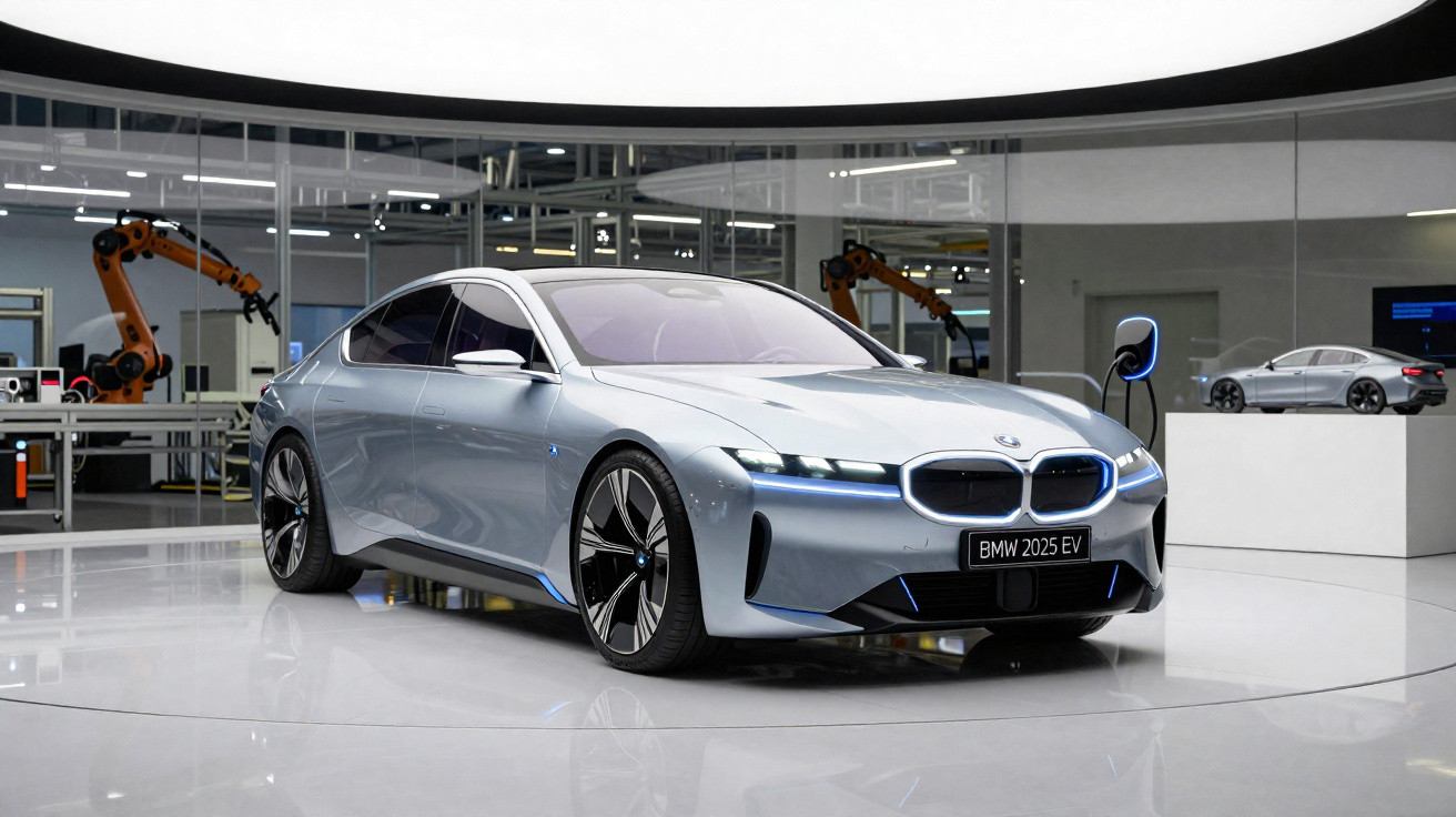 Silberblauer BMW 2025 Elektroauto in moderner Halle mit Ladestation und Robotern im Hintergrund.