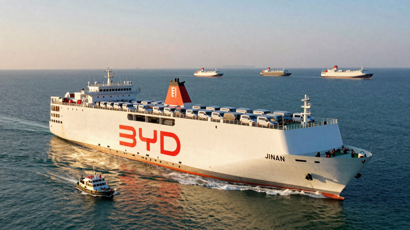 Großes Frachtschiff BYD Jinan mit vielen Autos an Deck auf ruhigem Meer, dahinter mehrere weitere Schiffe.