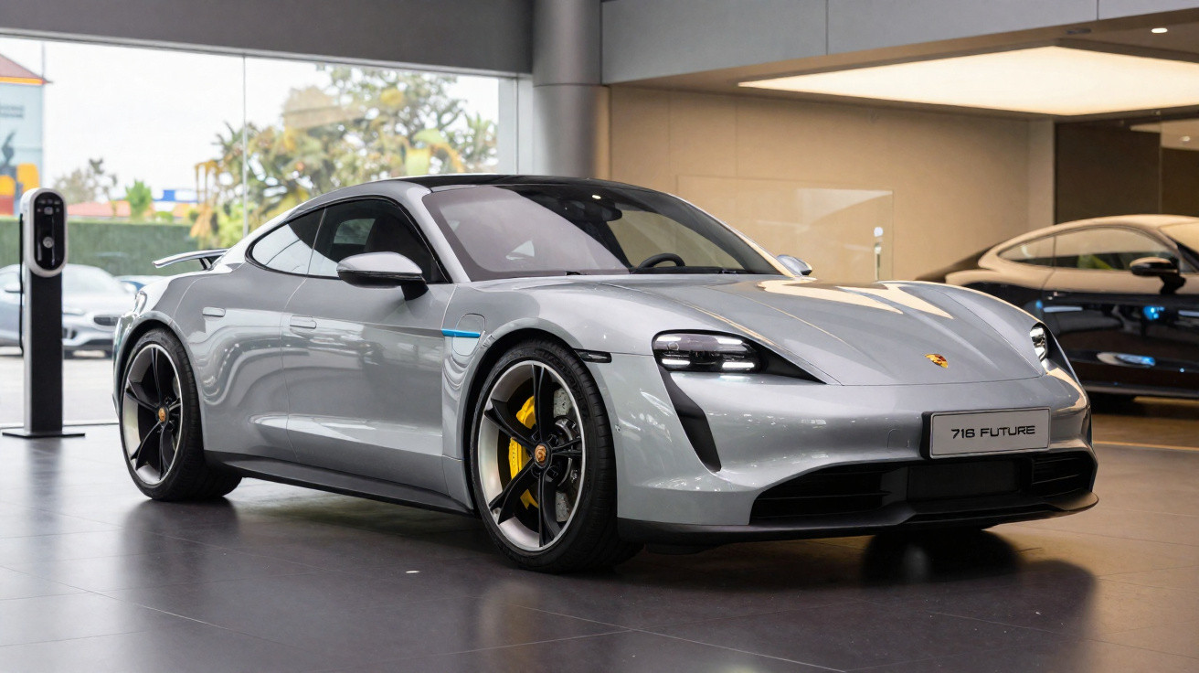 Silberner Porsche 718 Future Sportwagen in einem modernen Autohaus mit Elektro-Ladestation.