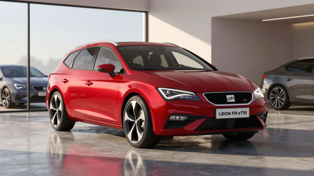 Roter Seat Leon FR eTSI Kombi in moderner Garage mit zwei weiteren Autos im Hintergrund.