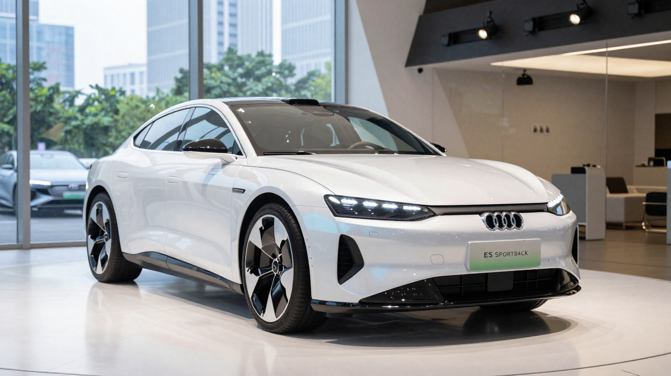 Weißer Audi ES Sportback Elektroauto im Showroom mit moderner urbaner Kulisse im Hintergrund.