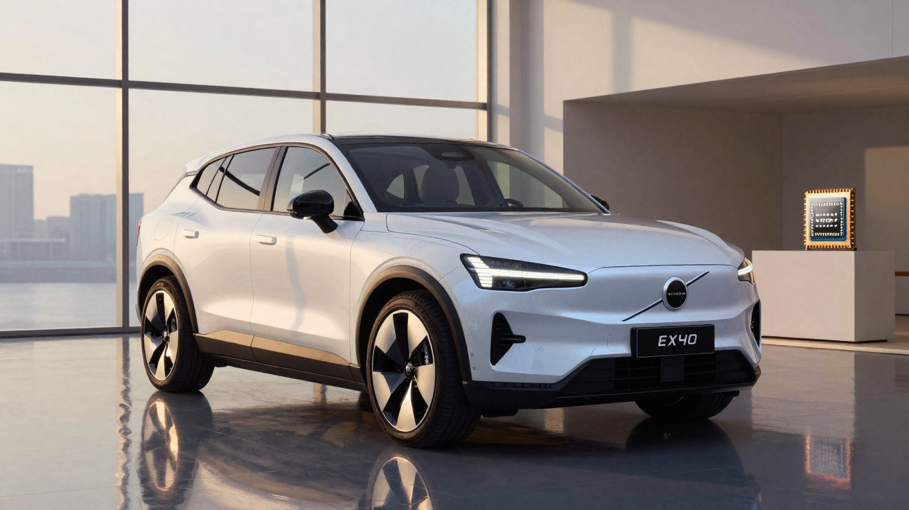 Weiße Volvo EX40 Elektro-SUV in modernem Showroom mit großen Fenstern und Stadtblick im Hintergrund.