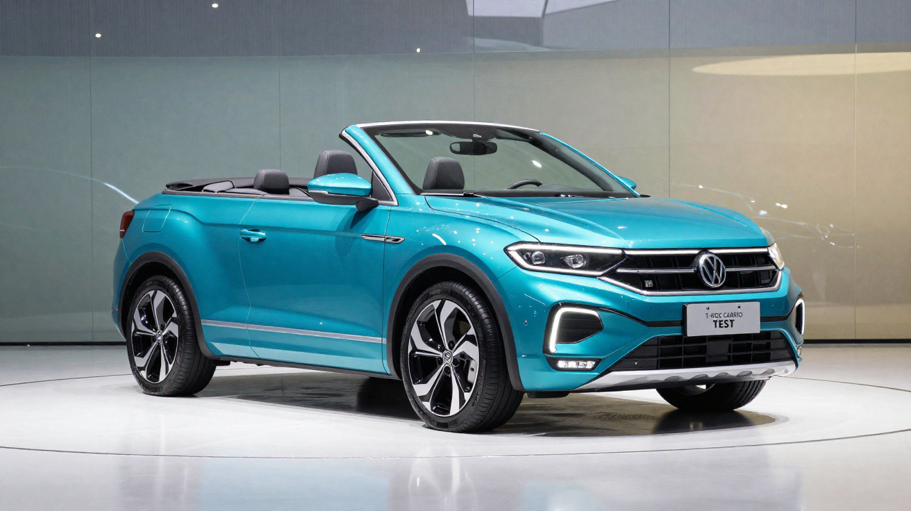 Blaues Volkswagen Cabrio mit offenem Verdeck auf einer Ausstellung unter hellem Licht.