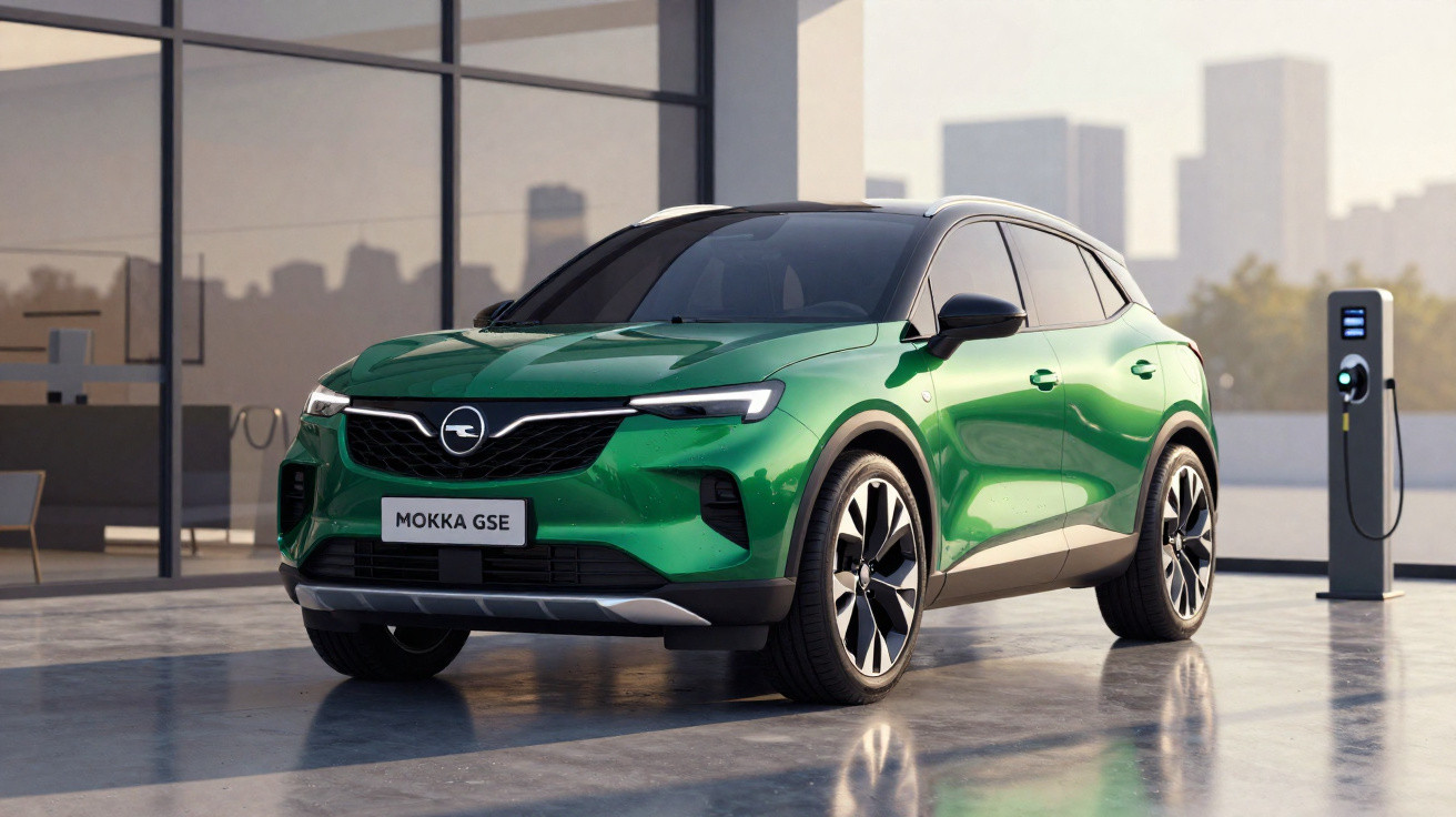 Grünes Opel Mokka GSE Elektro-SUV, geparkt vor Glasfassade mit Ladestation in urbaner Umgebung.