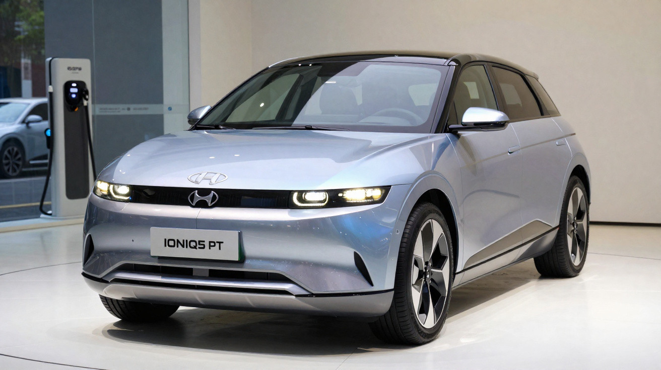 Silberner Hyundai Ioniq 5 Elektro-SUV steht in einem hellen Ausstellungsraum an Ladestation.
