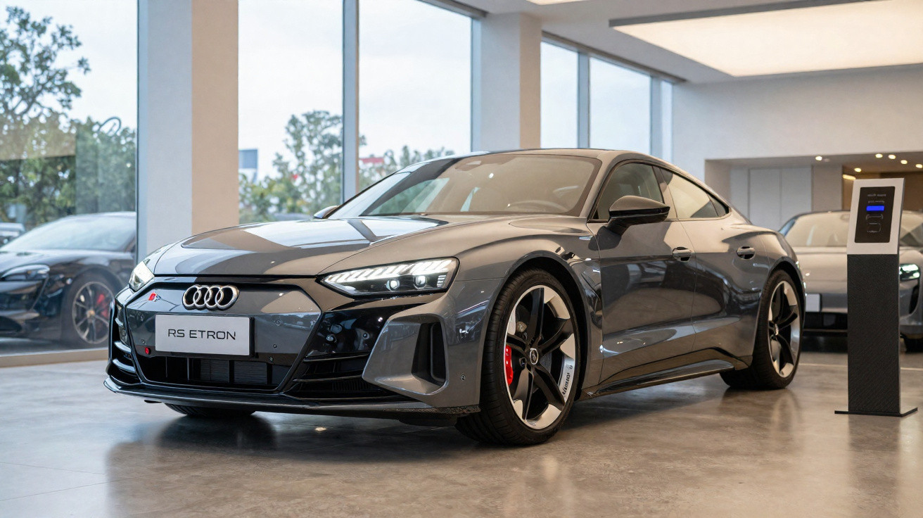 Dunkelgrauer Audi RS E-Tron Sportback in einem modernen Autohaus mit großen Fenstern.