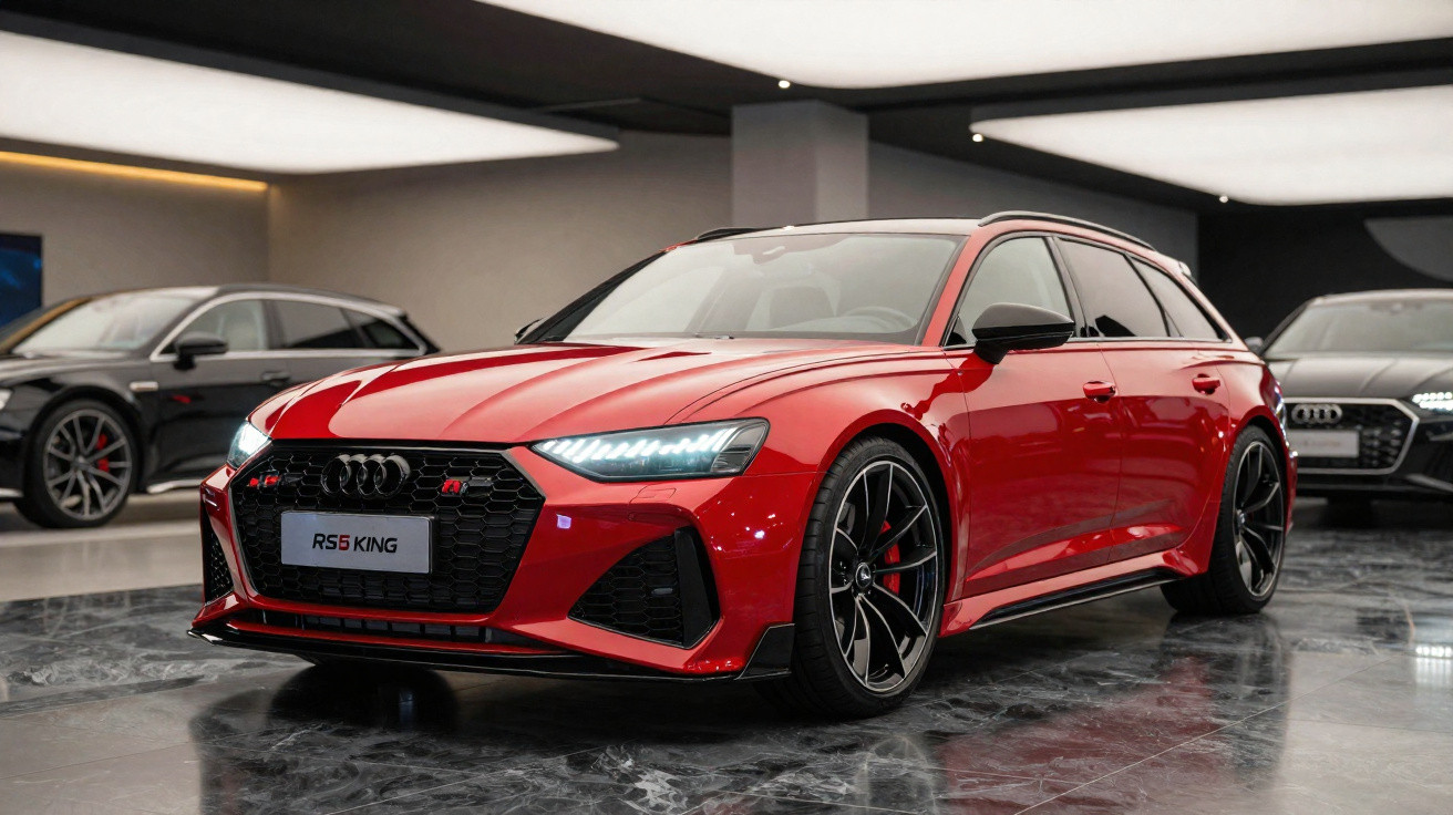 Roter Audi RS5 Sportback mit LED-Scheinwerfern steht in modernem, glänzendem Showroom.