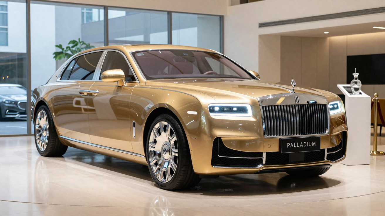 Goldener Rolls-Royce Palladium Luxuslimousine mit leuchtenden LED-Scheinwerfern in edlem Ausstellungsraum