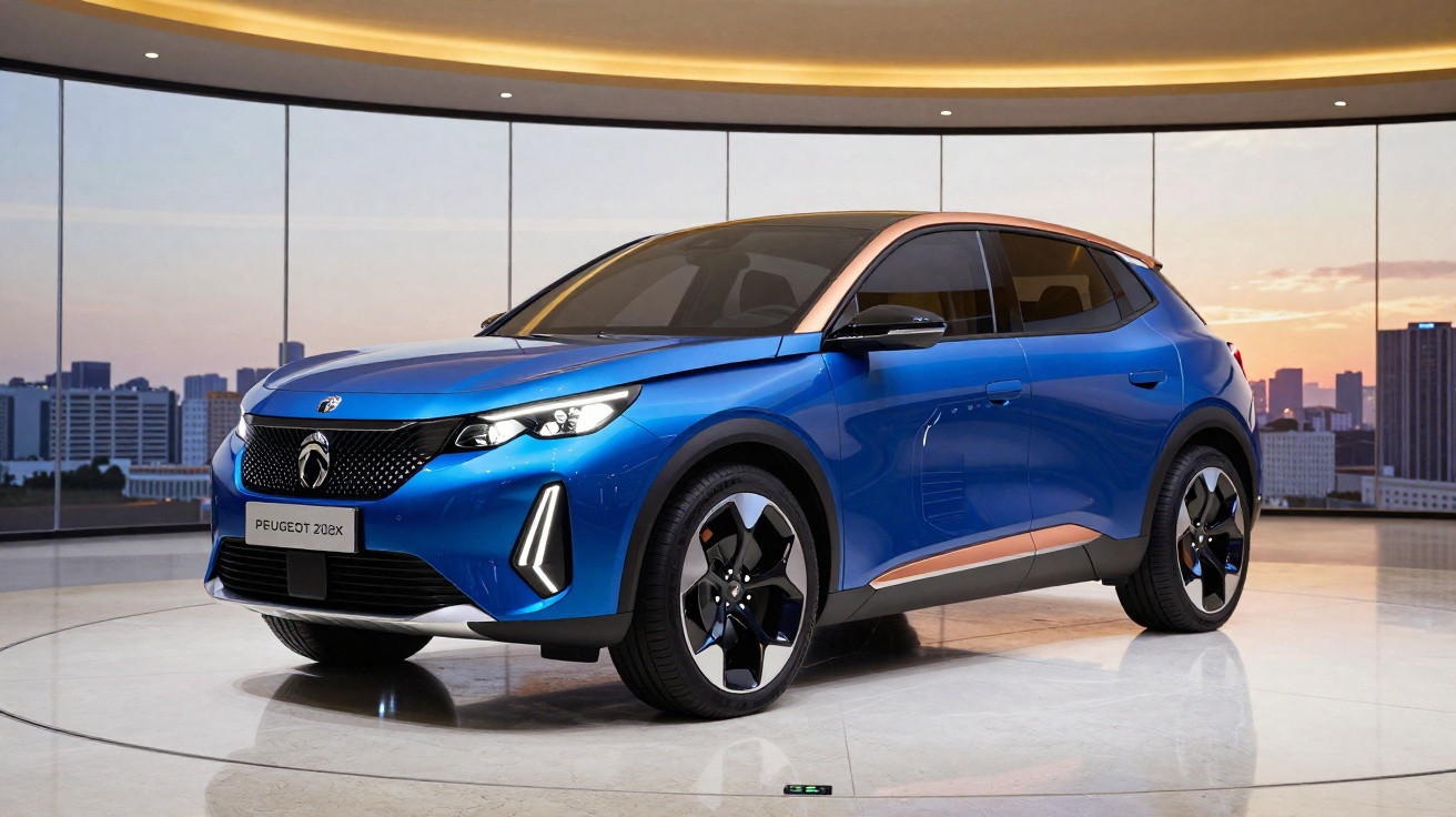 Blauer Peugeot 208X Elektro-SUV in moderner Ausstellungshalle mit Stadtblick im Hintergrund