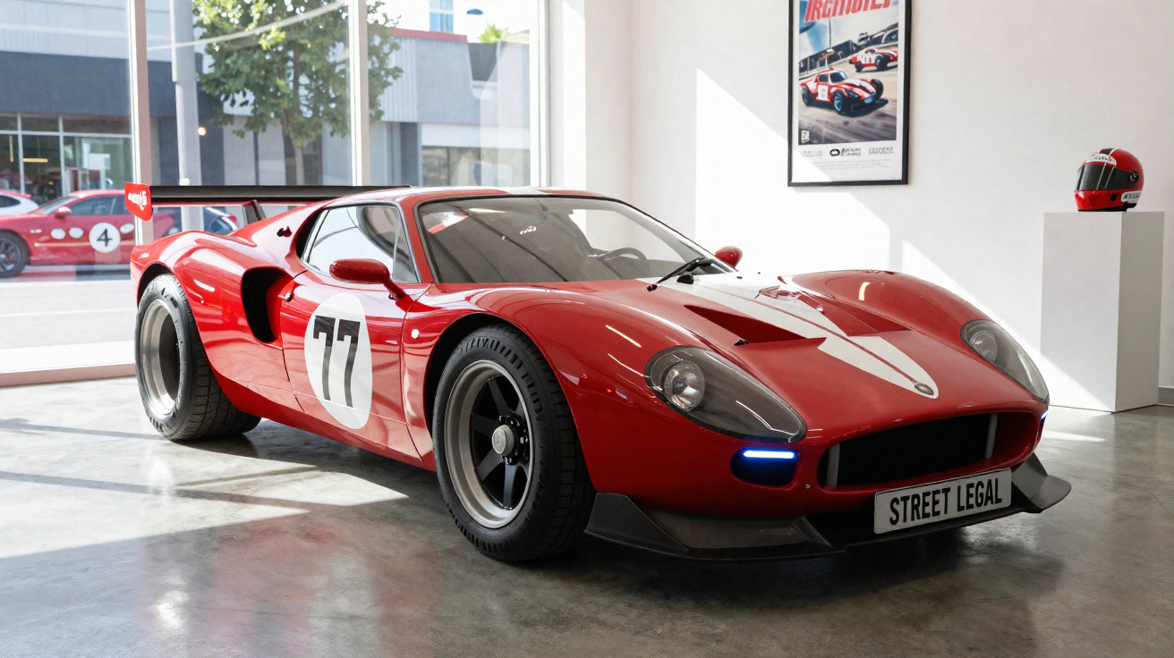 Roter klassischer Rennwagen mit Nummer 77, breiten Reifen und Street Legal Kennzeichen in Galerie.