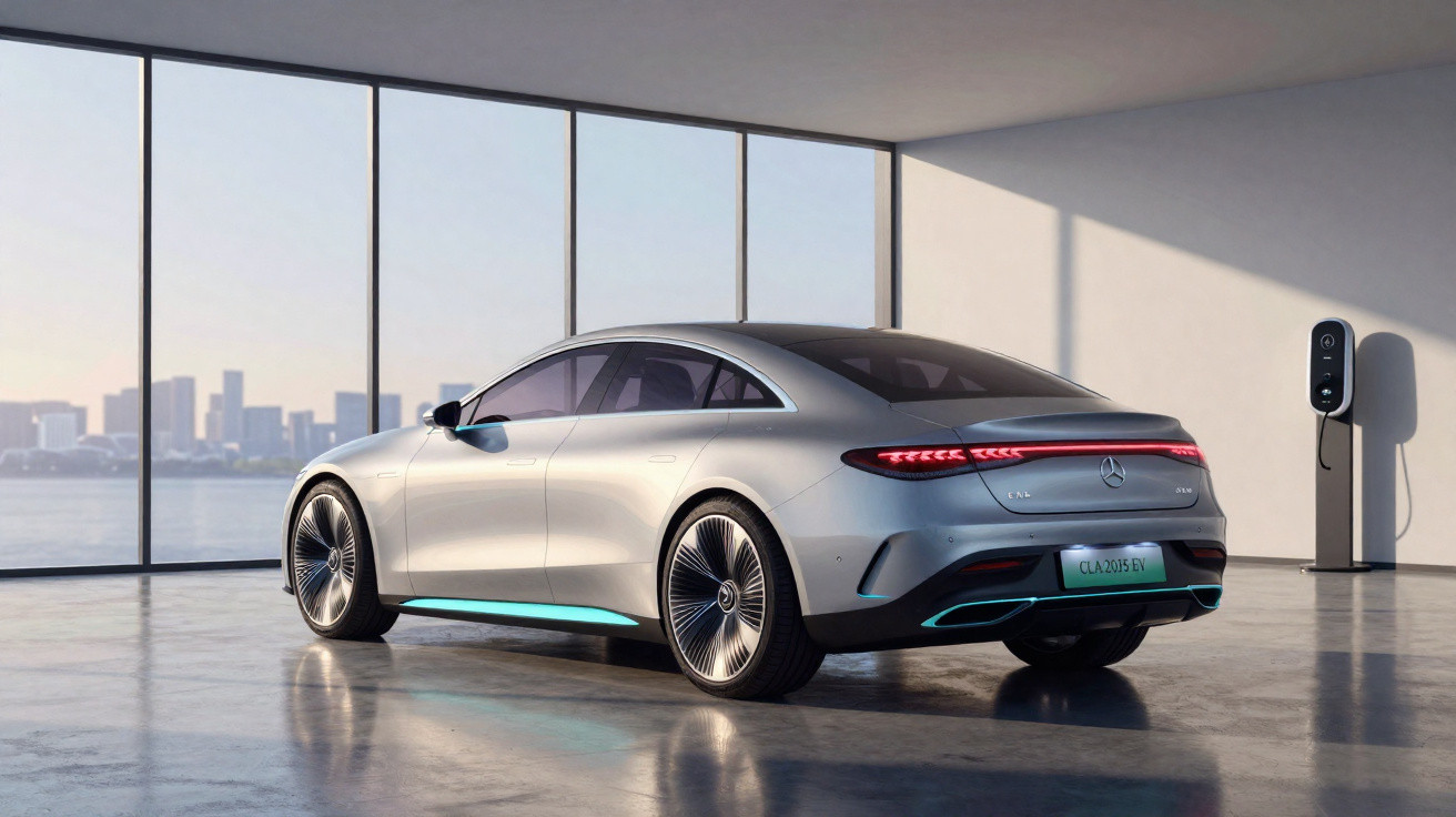 Silberner elektrischer Mercedes CLA 2035 EV vor großem Fenster mit Stadtblick, modern aufladbar im Raum.