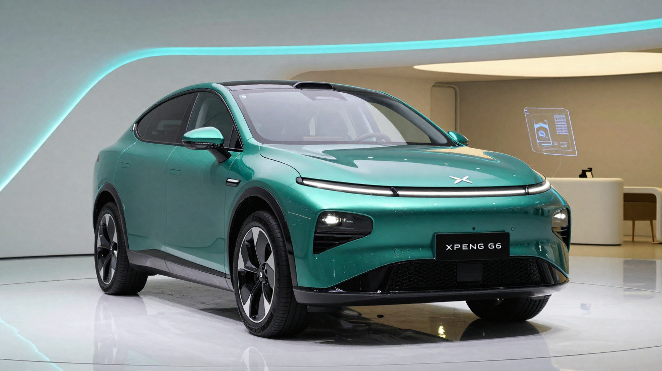 Grünes Elektroauto XPeng G6 steht in modernem, futuristischem Ausstellungsraum mit LED-Lichtakzenten.