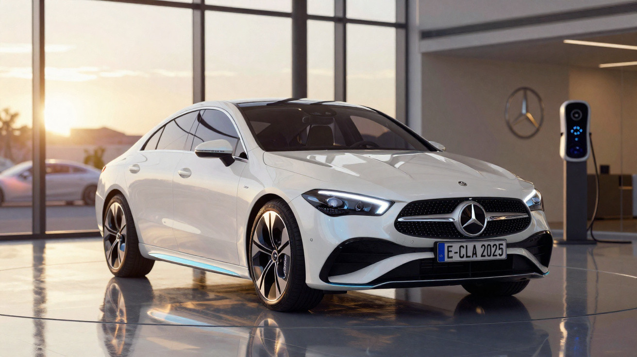 Weißer Mercedes-Benz CLA vor großer Fensterfront in modernem Showroom neben Ladestation.