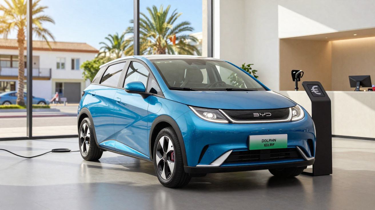 Blauer BYD Dolphin Elektroauto steht im Showroom an Ladestation, helle Architektur und Palmen im Hintergrund.