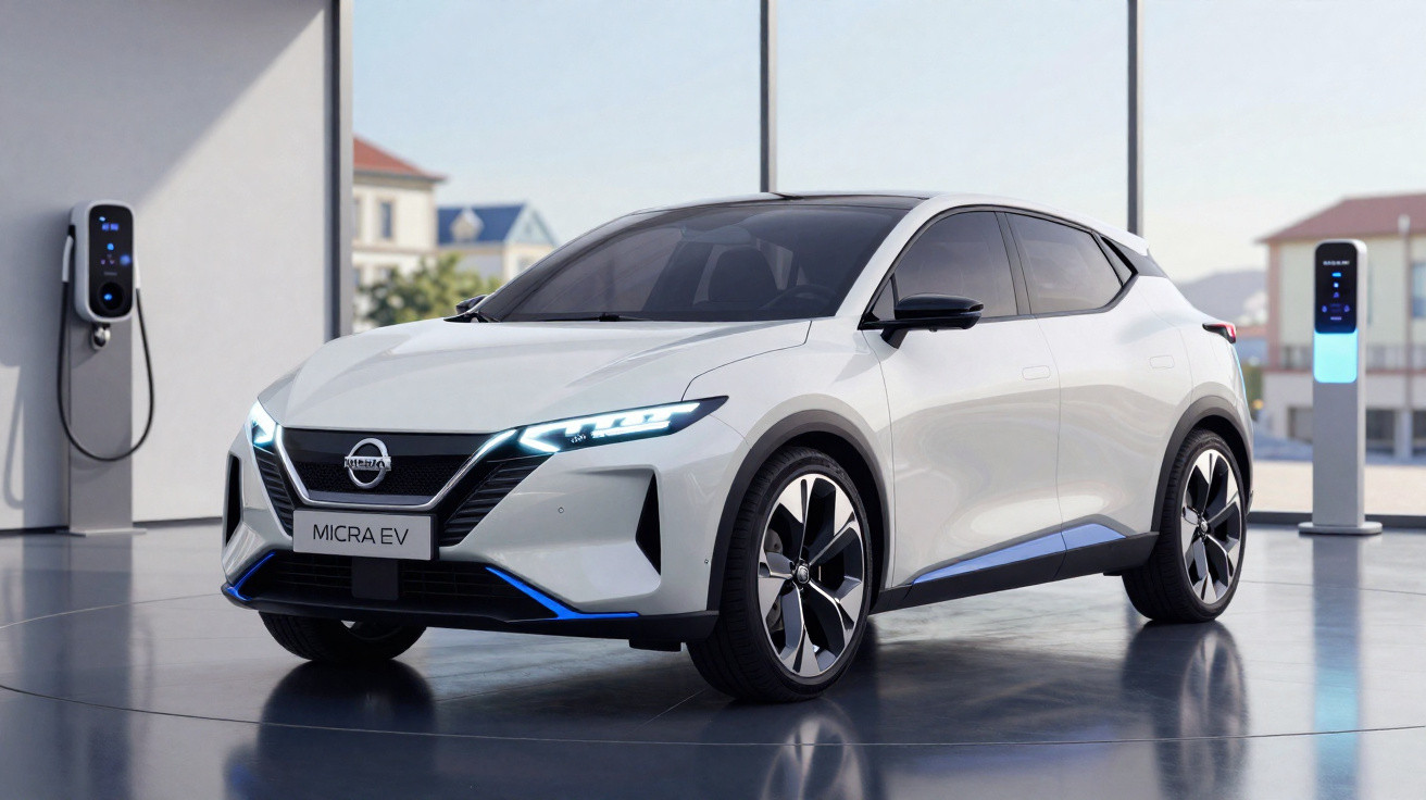 Weißer Nissan Micra EV Elektroauto mit LED-Scheinwerfern in moderner Präsentationsumgebung.