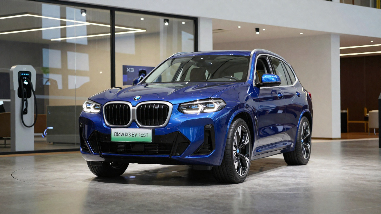 Blauer BMW iX3 Elektro-SUV in modernem Showroom vor Ladestation stehend.