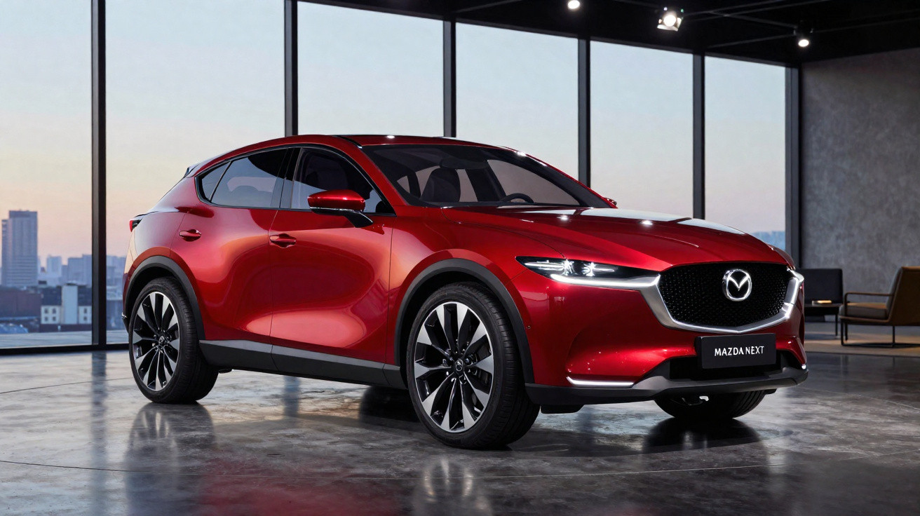 Roter Mazda SUV im Showroom mit großen Fenstern und moderner Inneneinrichtung bei Dämmerung.