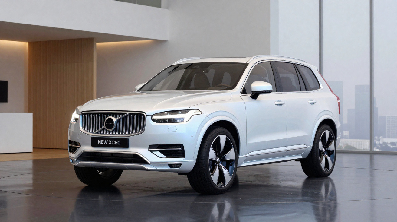 Weißer Volvo XC60 SUV in modernem Showroom mit großen Fenstern und Stadtblick.