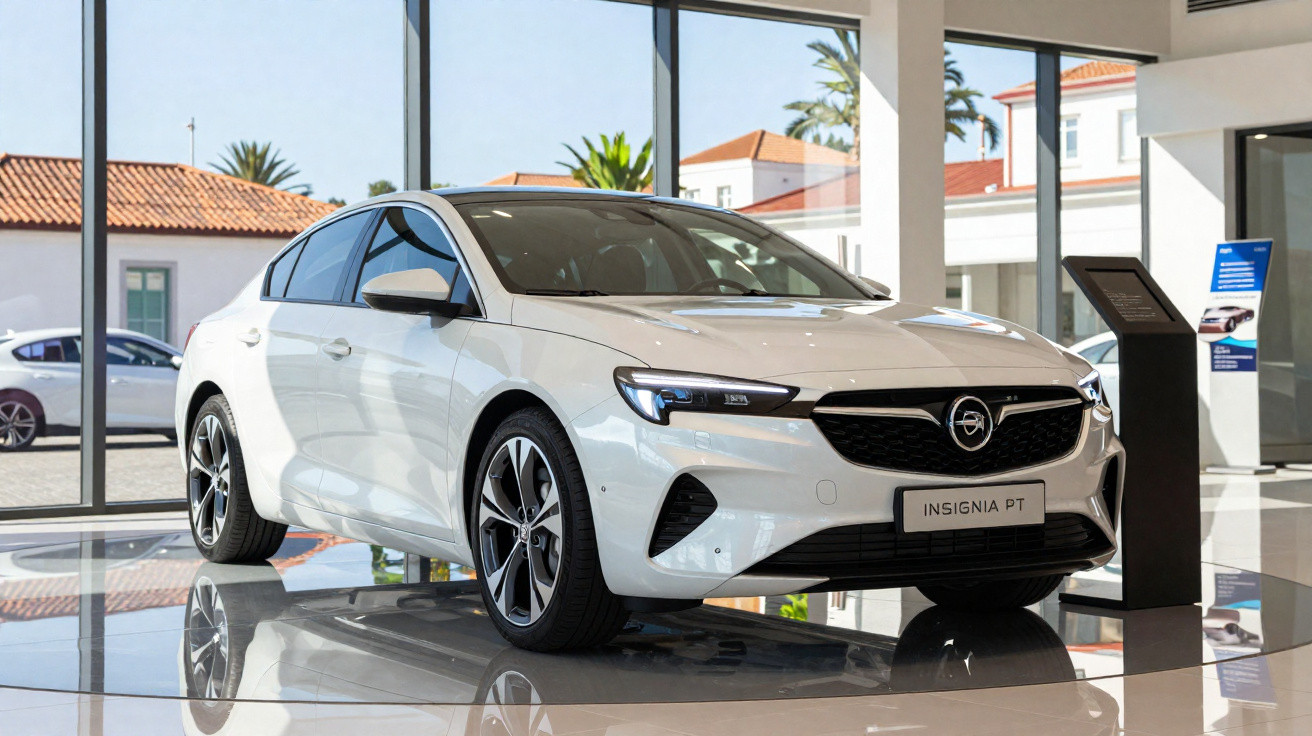 Weißer Opel Insignia PT im Autohaus vor großen Fensterfronten mit Sonnenschein und Palmen draußen.