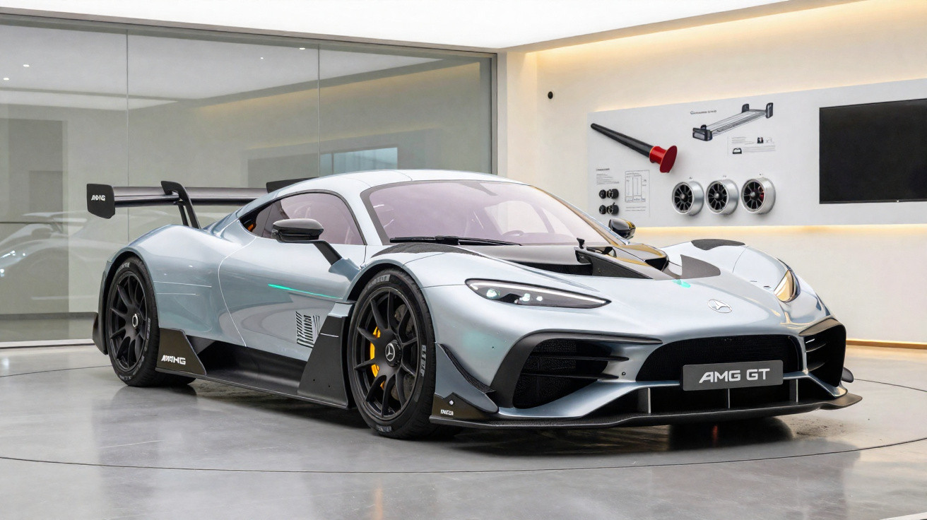 Silberner Mercedes-AMG GT Rennwagen mit breitem Heckflügel in modernem, hellem Ausstellungsraum.