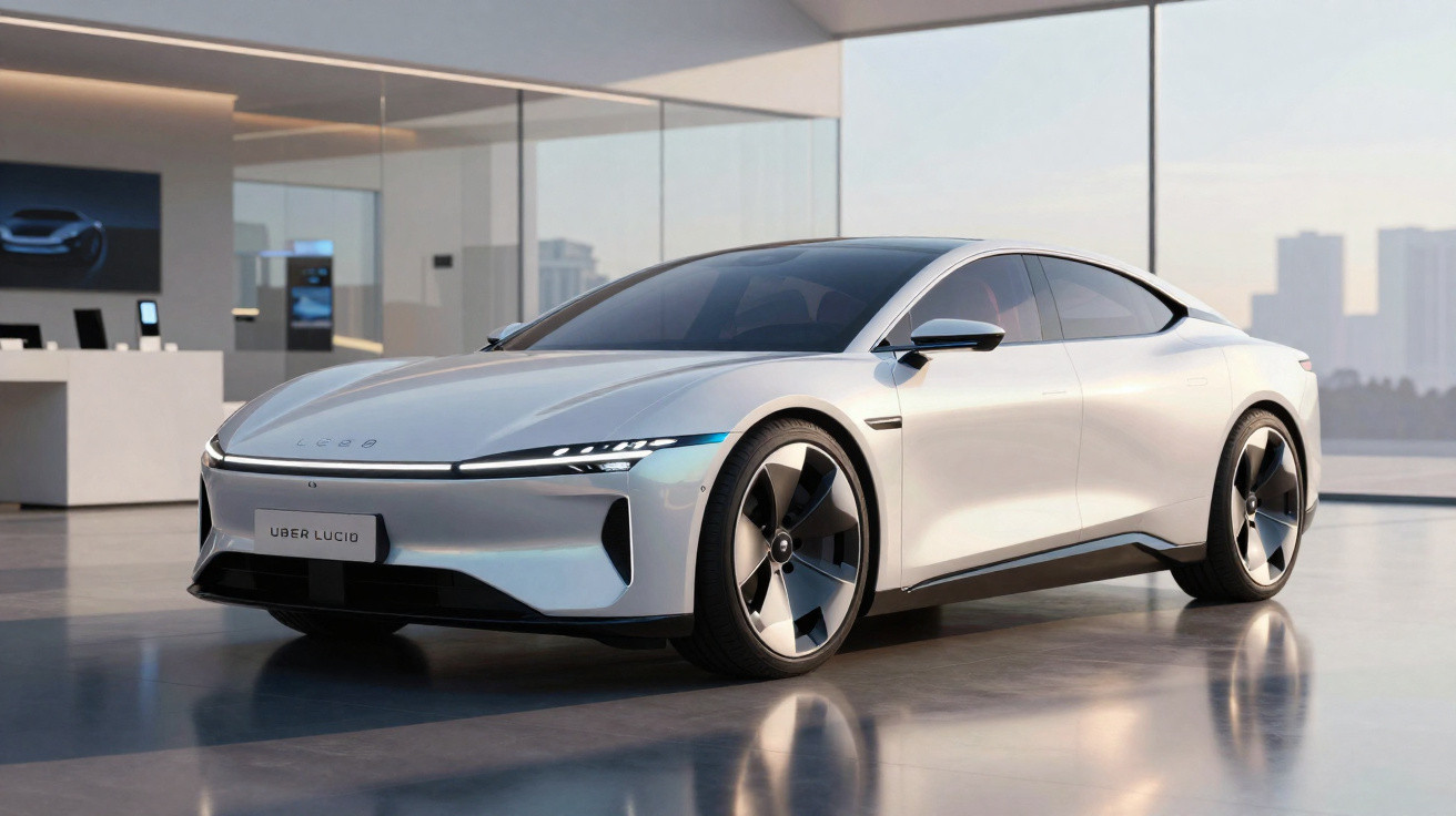Weißes, futuristisches Elektroauto mit schlankem Design in modernem Showroom bei Sonnenuntergang.