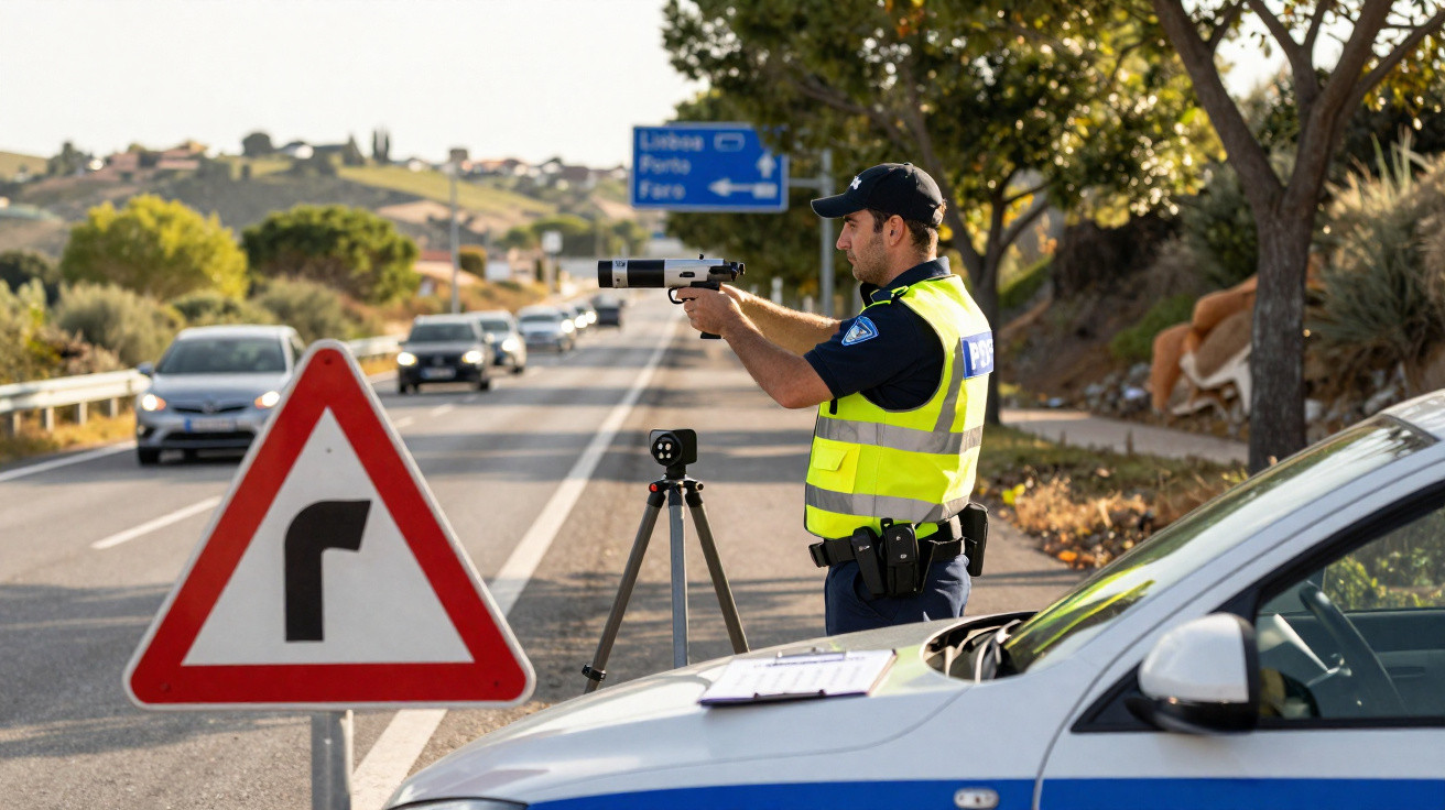 Polizist mit Messgerät kontrolliert Tempo auf Landstraße mit Schildern und Polizeiauto im Vordergrund.