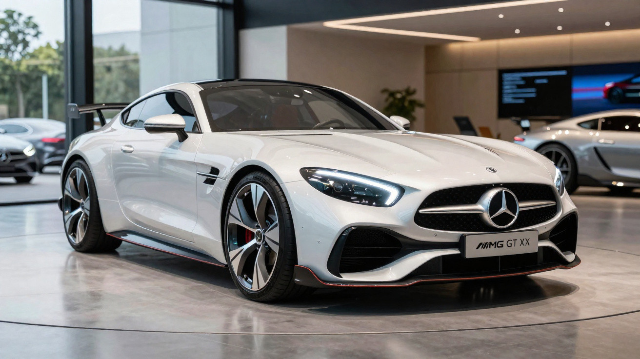 Weißer Mercedes-AMG GT XX Sportwagen im Ausstellungsraum mit LED-Scheinwerfern und Aerodynamik-Design.