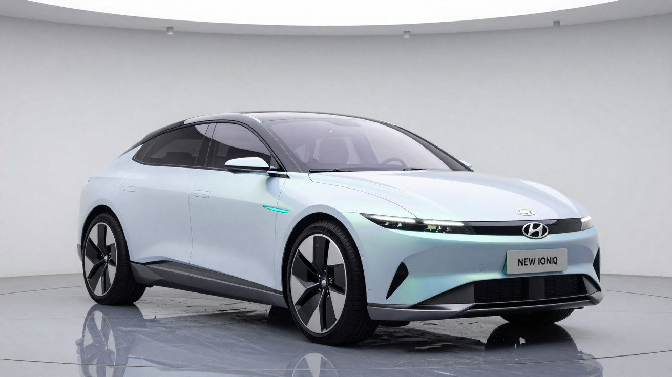 Hyundai New Ioniq Elektroauto in weiß, Seitenansicht in einem weißen Fotostudio.