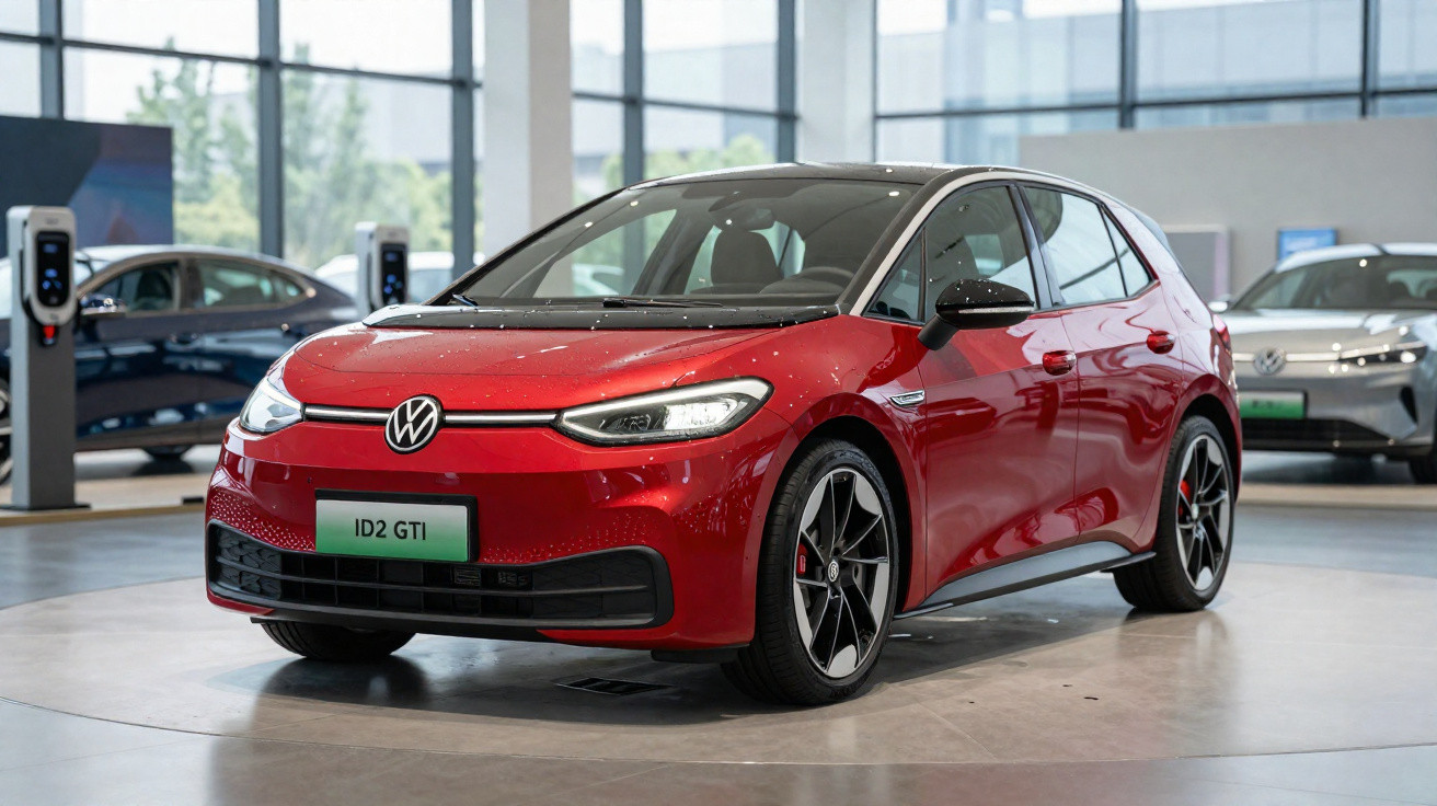 Roter Volkswagen ID.2 GTI Elektroauto im Showroom mit großen Fenstern und Ladestationen im Hintergrund.