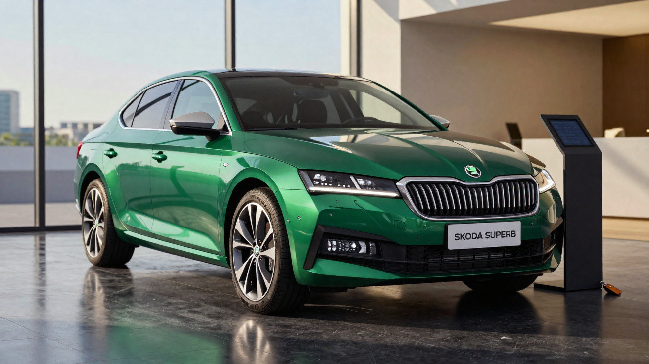 Grüner Škoda Superb Limousine steht in modernem Showroom neben Informationsdisplay.
