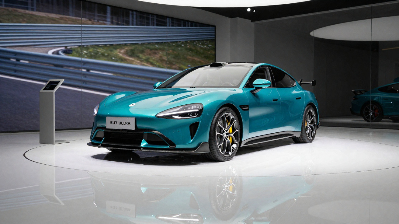 Türkisfarbener Sportwagen Porsche Taycan Turbo S im Ausstellungsraum auf weißem glänzendem Boden.