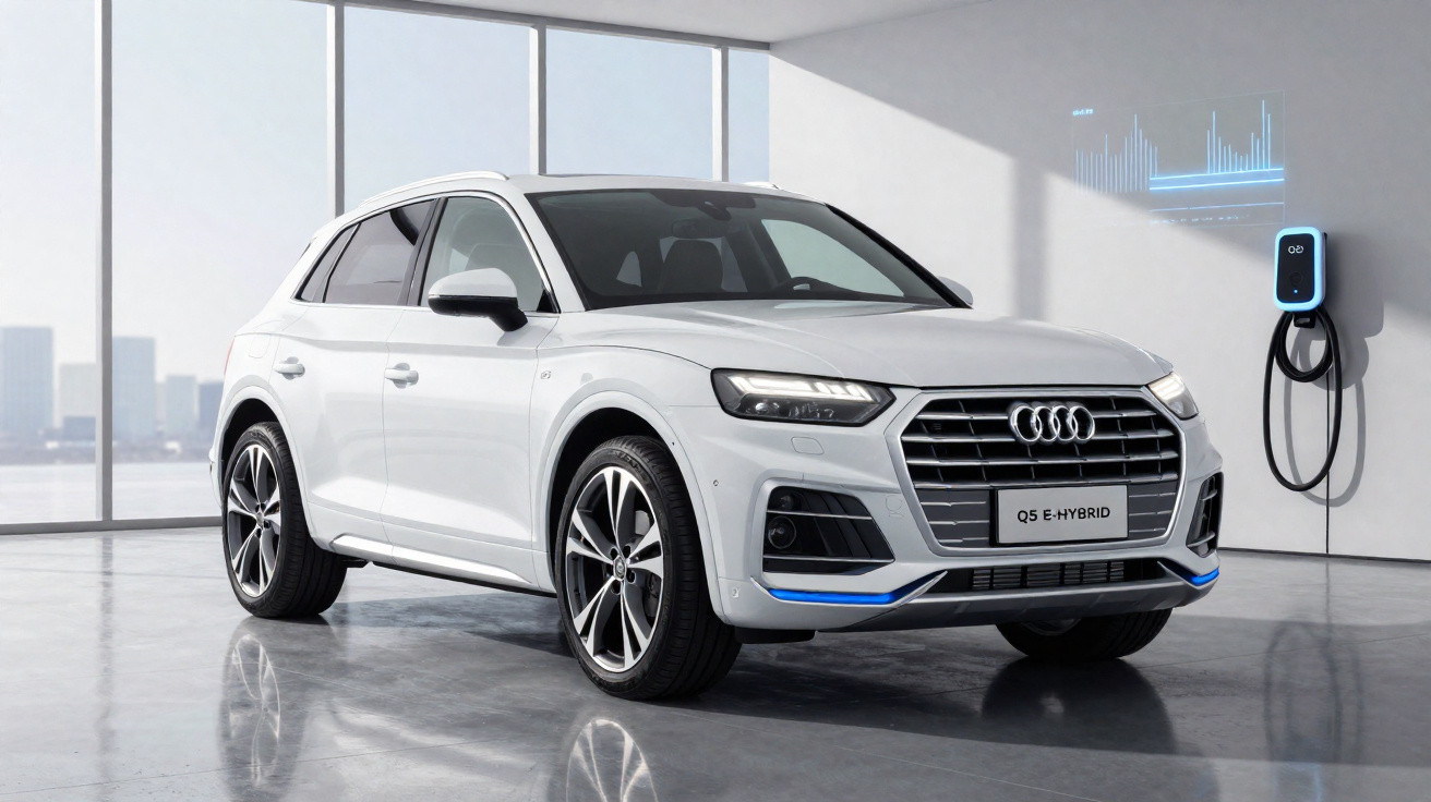 Weißer Audi Q5 E-Hybrid vor Fensterfront, an Ladestation für Elektrofahrzeuge angeschlossen in hellem Raum