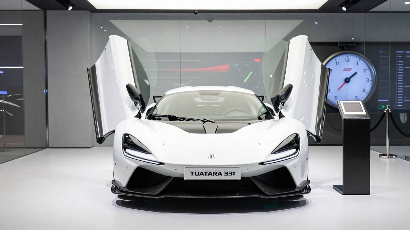 Weißer Supersportwagen McLaren Tuatara 331 mit geöffneten Flügeltüren in moderner Ausstellungshalle.