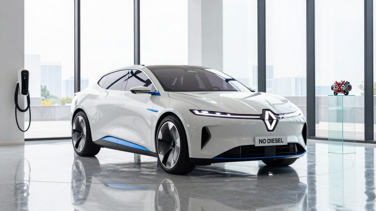 Weißes Elektroauto von Renault mit "NO DIESEL" Nummernschild in modernem, hellem Showroom neben Ladestation.