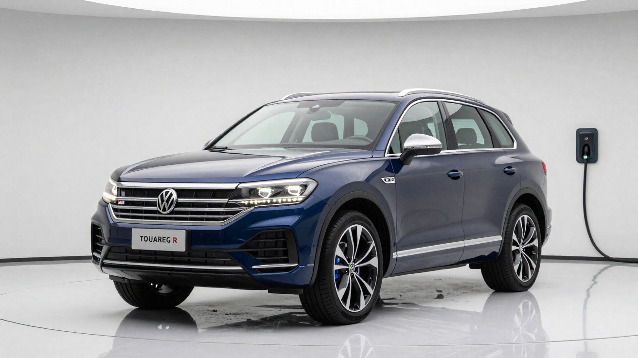 Blauer Volkswagen Touareg R SUV in Studio, an Ladestation für Elektroautos angeschlossen.