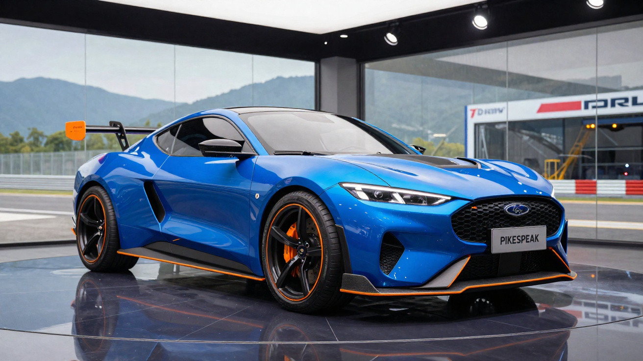 Blauer Ford Mustang Mach-E GT Performance Edition mit orangen Akzenten in moderner Ausstellungshalle.