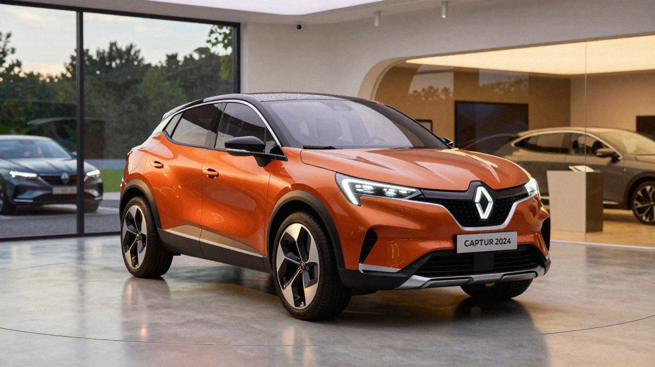Oranger Renault Captur 2024 SUV im Showroom mit modernen LED-Scheinwerfern und schwarzem Dach.