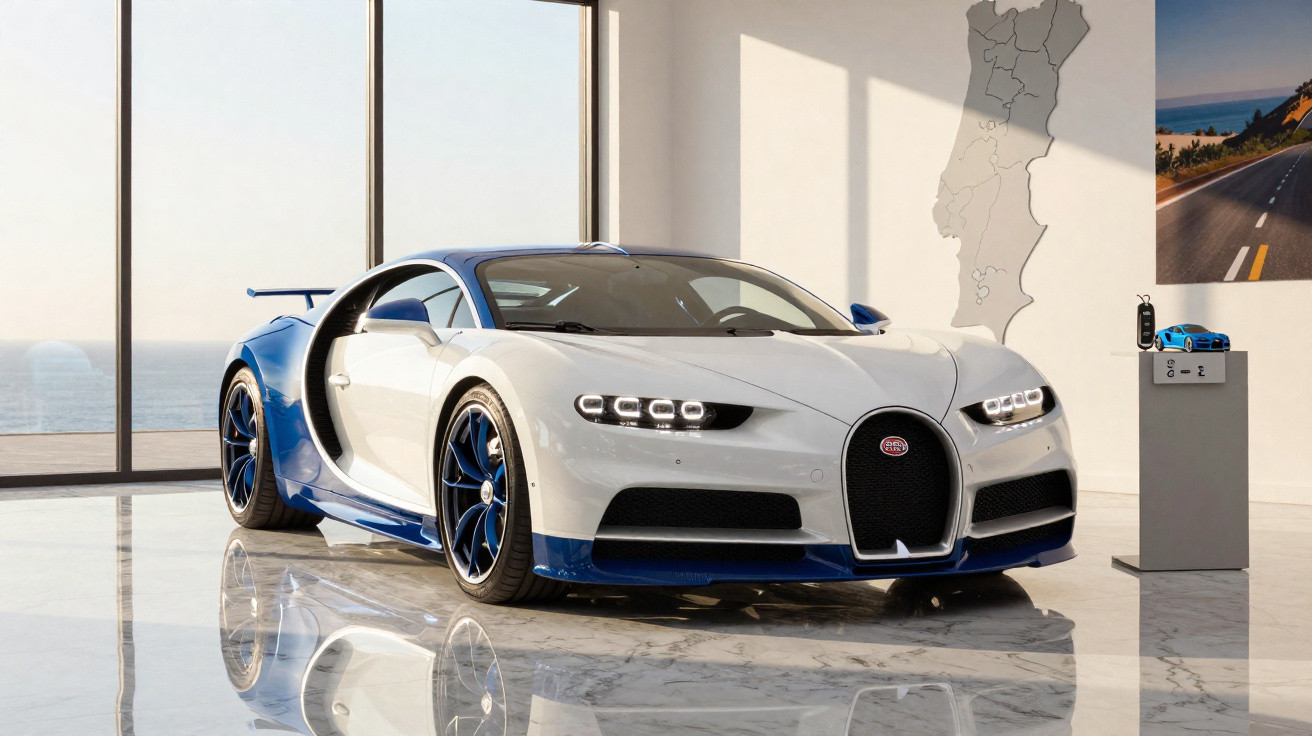 Blau-weißer Bugatti Chiron Sport in modernem Showroom mit großem Fenster und Meeresblick.