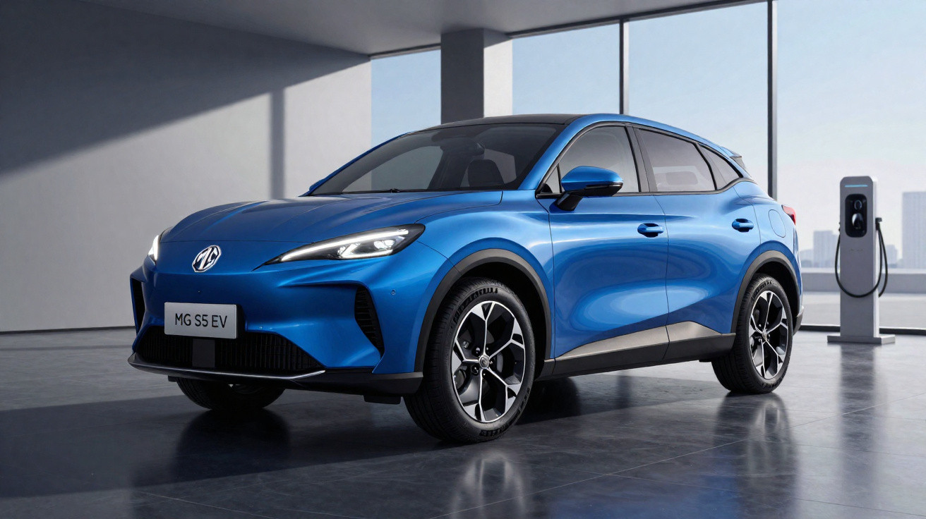 Blaues Elektro-SUV MG S5 EV in modernem, hellem Raum neben Ladestation.