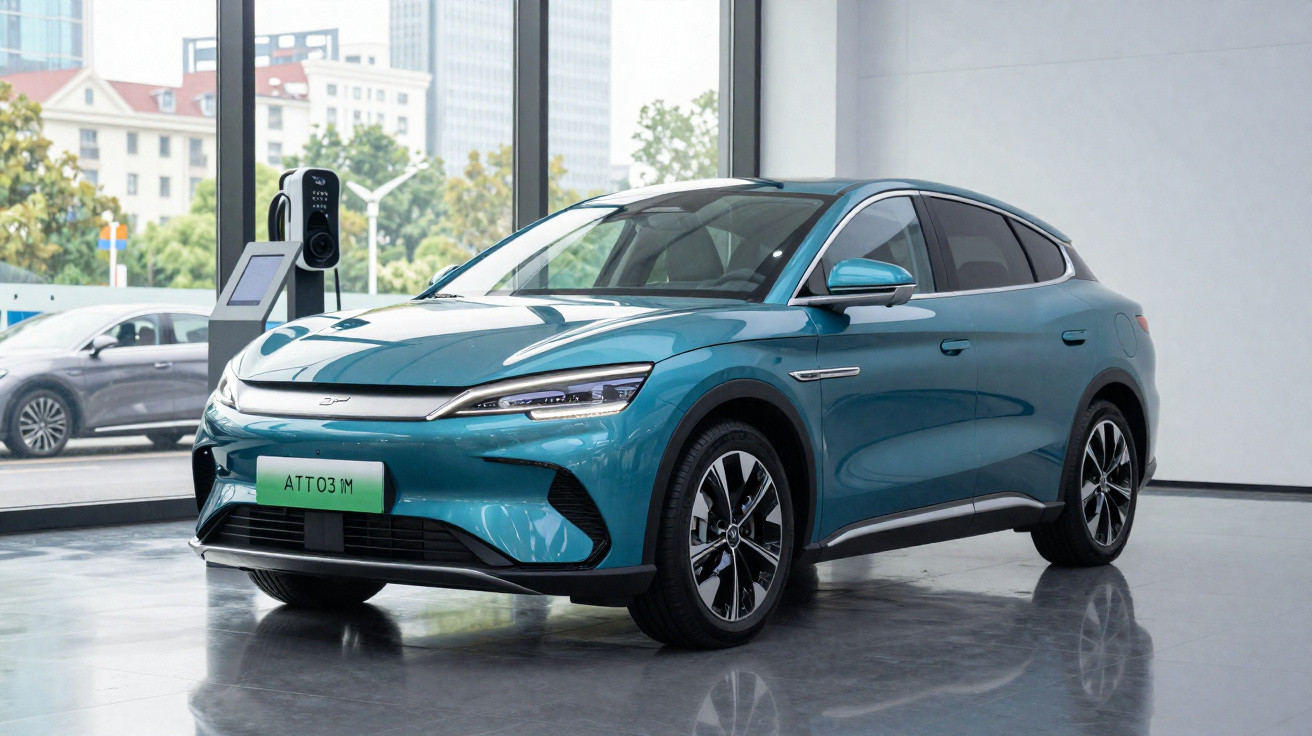Blaues Elektroauto beim Laden an Ladestation in modernem Showroom mit großem Fenster.