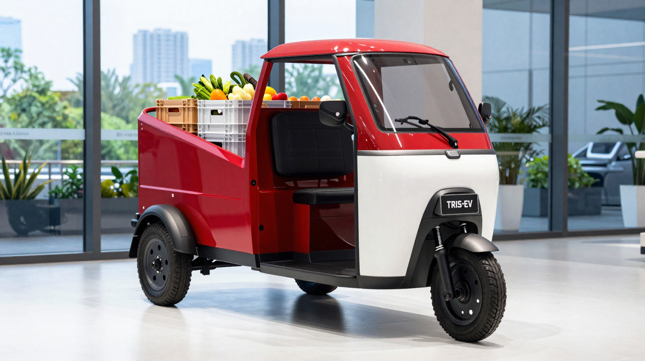 Rotes Dreirad-Elektromobil mit offener Ladefläche und Obst- und Gemüsekisten in einem modernen Gebäude.
