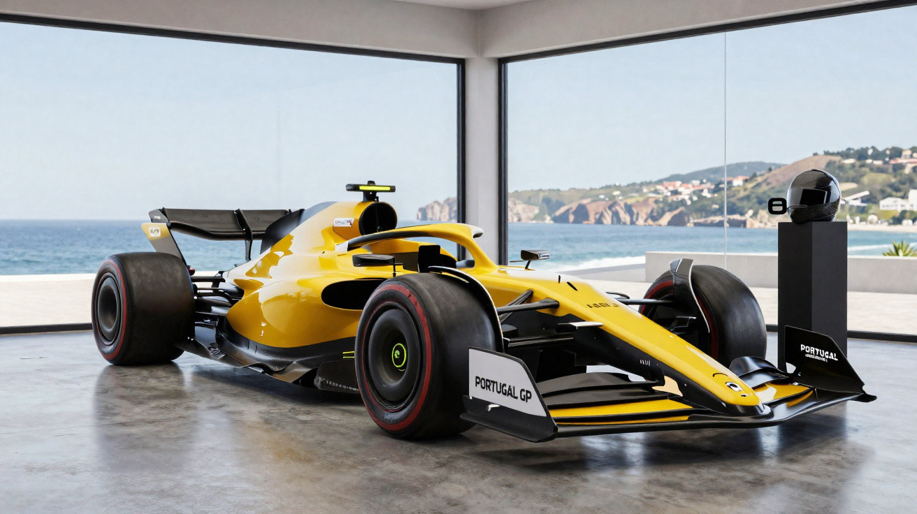 Gelber Formel-1-Rennwagen in moderner Ausstellungshalle mit Meerblick und Portugal GP-Beschriftung.