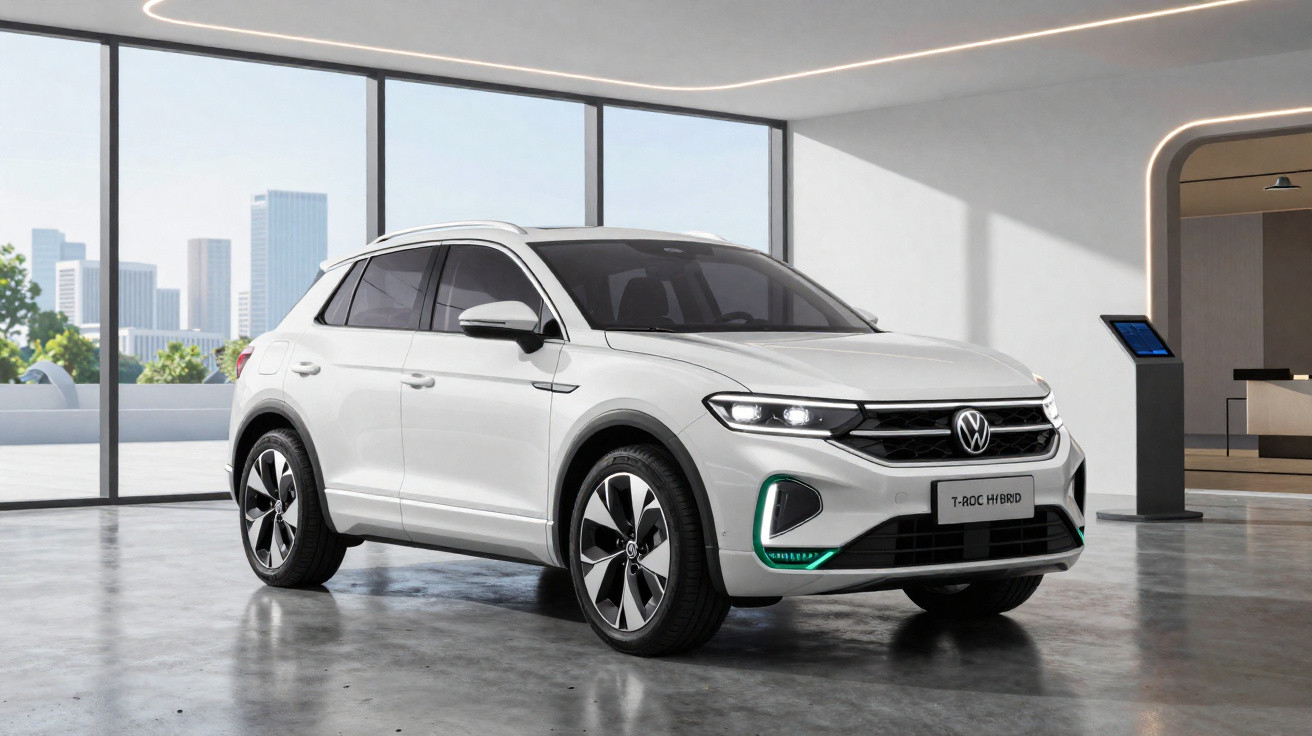 Weißer Volkswagen T-Roc Hybrid SUV in modernem Showroom vor großen Fenstern mit Stadtsicht.