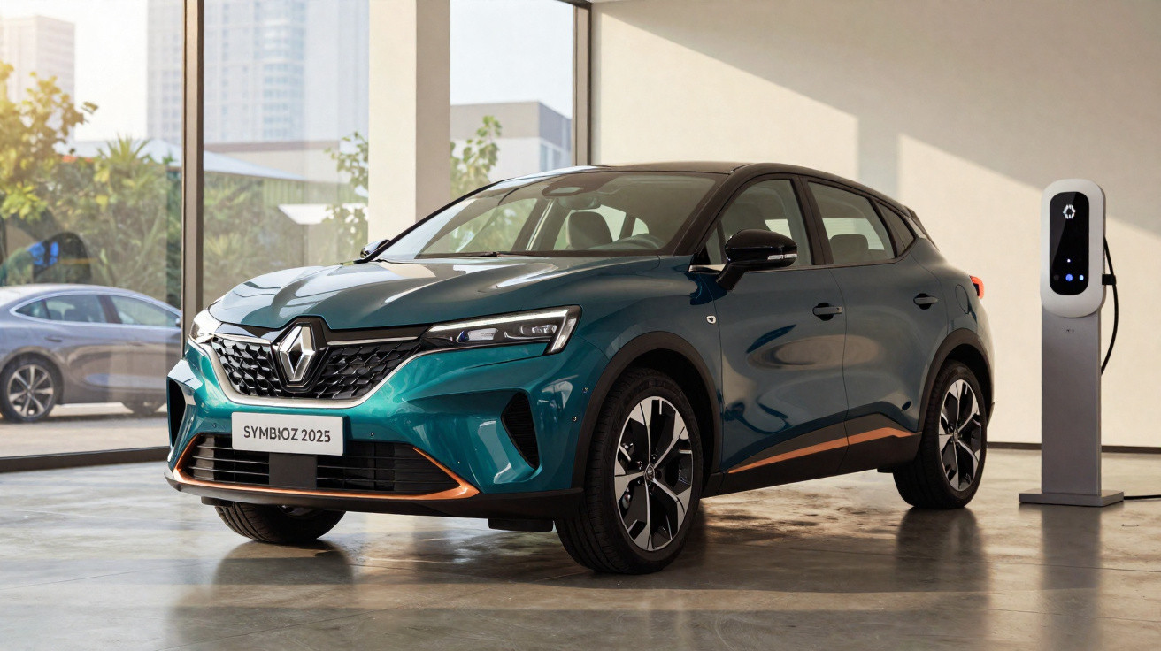 Blauer Renault Symbioz 2025 Elektroauto steht im Innenraum neben Ladestation vor großen Fenstern.
